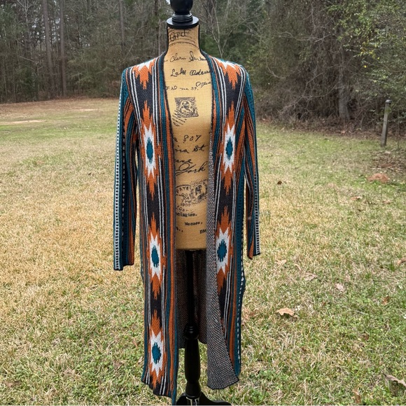 Rock & Roll Denim Sweaters - Open-Front Southwestern Pattern Long Cardigan Sweater - Teal, Rust, Cream